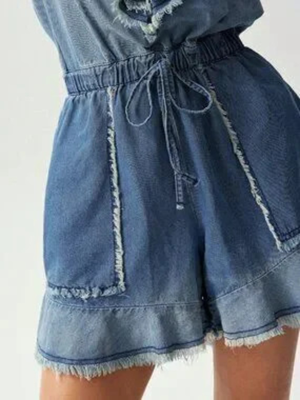 Blue Casual Women's Woven Ruffle Distressed Washed Denim romper Jumpsuit